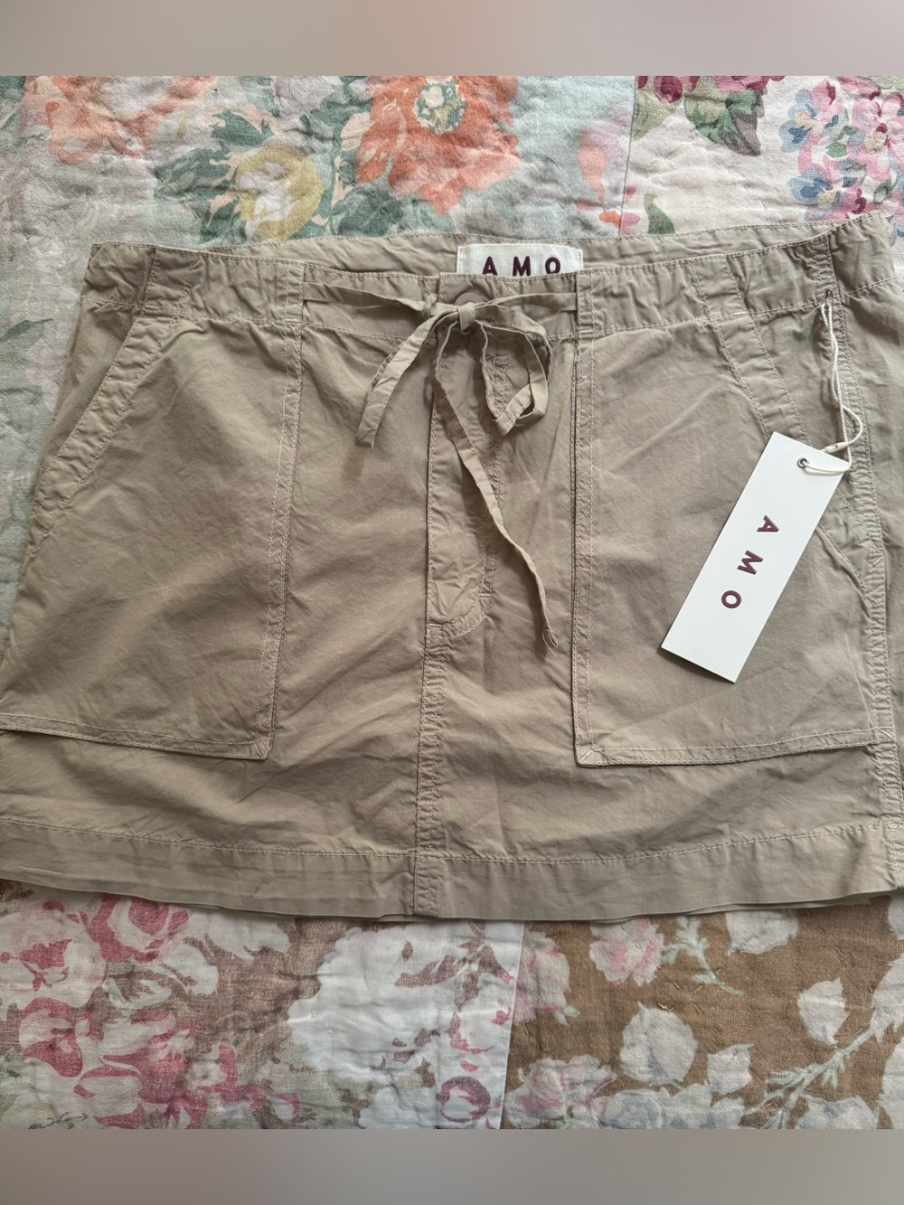 AMO Khaki Tie-Waist Mini Skirt with Patch Pockets